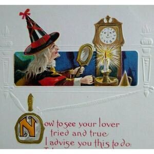 Halloween Postcard Nash Gray Hair Witch Holding Mirror H-22 Villisca Iowa 1914